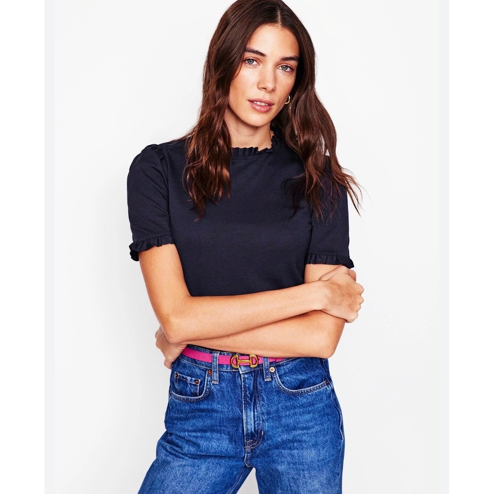Boden Navy Blue Scallop Trim Slub Cotton Short‎ Sleeve Top US 16-18 T1830